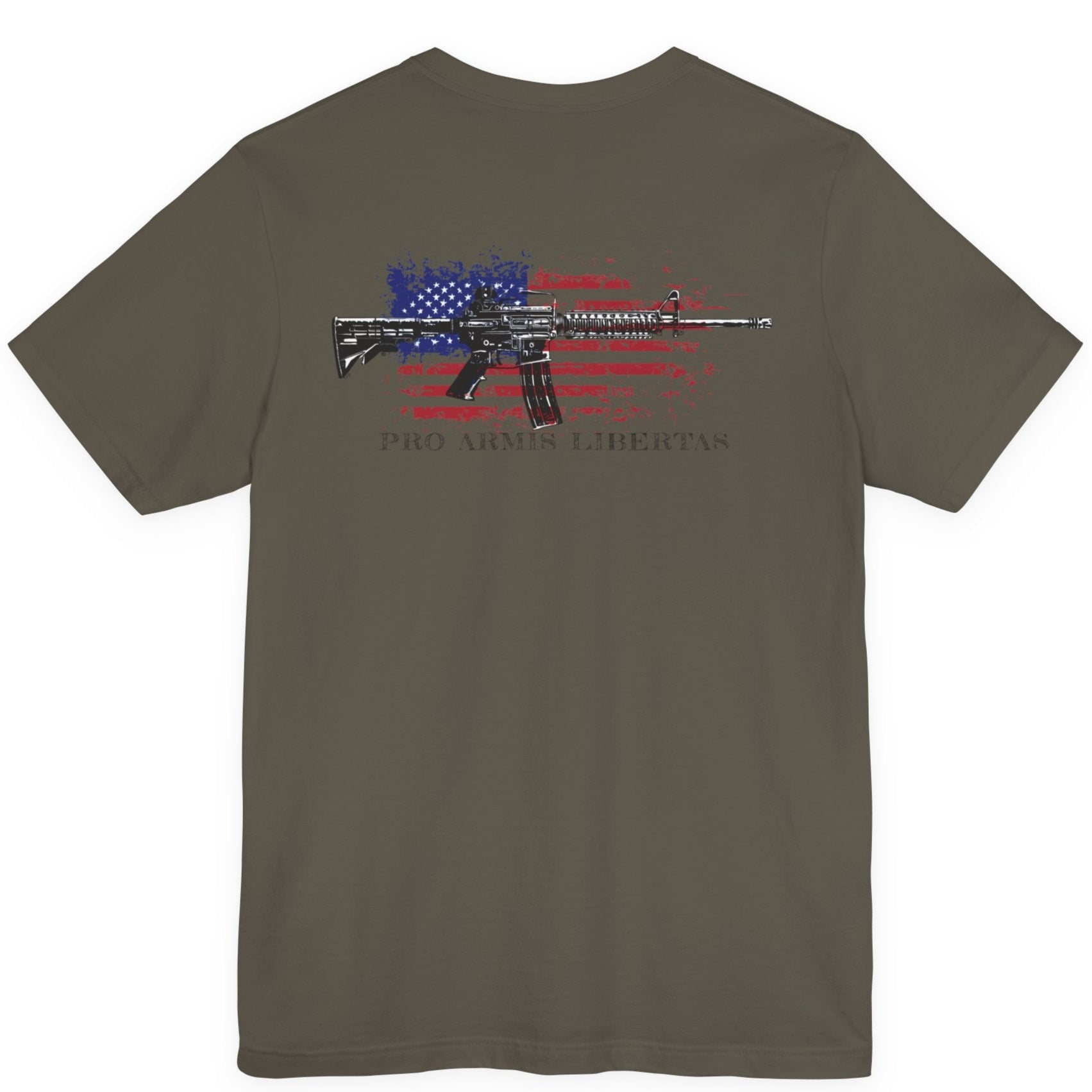Army green color fabric patriotic shirt rear view has an americantees.us logo with eagle head on front , rear view has distressed American flag with modern sporting rifle with the log Pro Armis Libertas meaning For Arms, Freedom