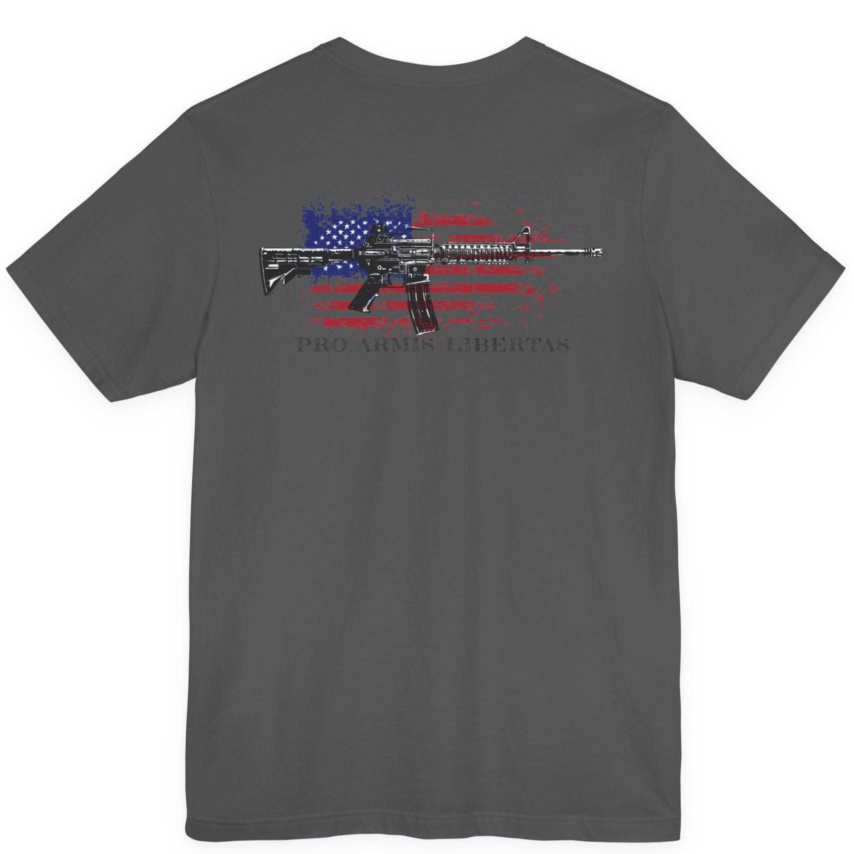 Asphalt color fabric patriotic shirt rear view has an americantees.us logo with eagle head on front , rear view has distressed American flag with modern sporting rifle with the log Pro Armis Libertas meaning For Arms, Freedom