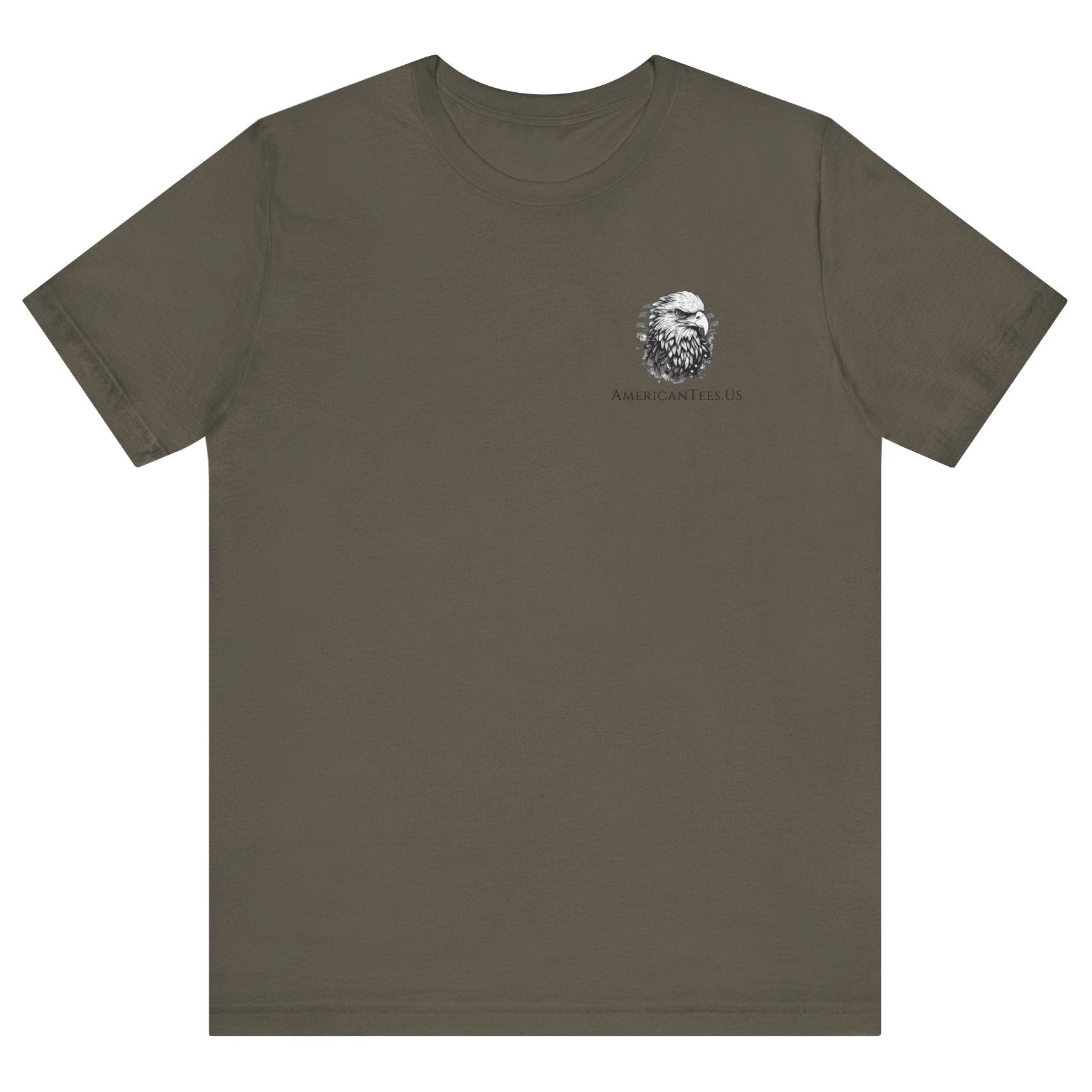 Patriotic Shirts Libertas Semper Eagle Flag Tee flat lay, Army color,featuring an eagle and American flag with scrollwork on a unisex 100% cotton shirt, ideal for American pride