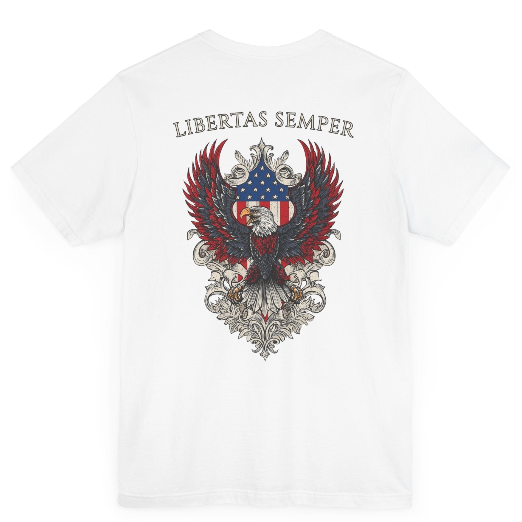 Patriotic Shirts Libertas Semper Eagle Flag Tee flat lay, white, back,  featuring an eagle and American flag with scrollwork on a unisex 100% cotton shirt, ideal for American pride