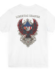 Patriotic Shirts Libertas Semper Eagle Flag Tee flat lay, white, back, featuring an eagle and American flag with scrollwork on a unisex 100% cotton shirt, ideal for American pride