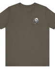 front view of an army green colored fabric patriotic shirt with americantees.us logo on front and American flag in shape of a Christian cross with pledge of allegiance surrounding image on back