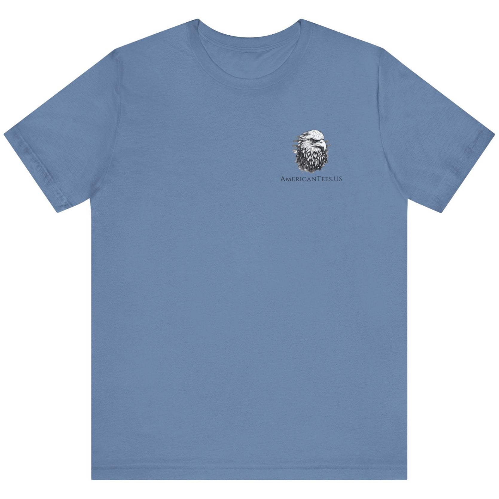 front view of lavender blue color fabric patriotic shirt with americantees.us logo on front and Thomas Jefferson quote on back.