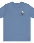 front view of lavender blue color fabric patriotic shirt with americantees.us logo on front and Thomas Jefferson quote on back.