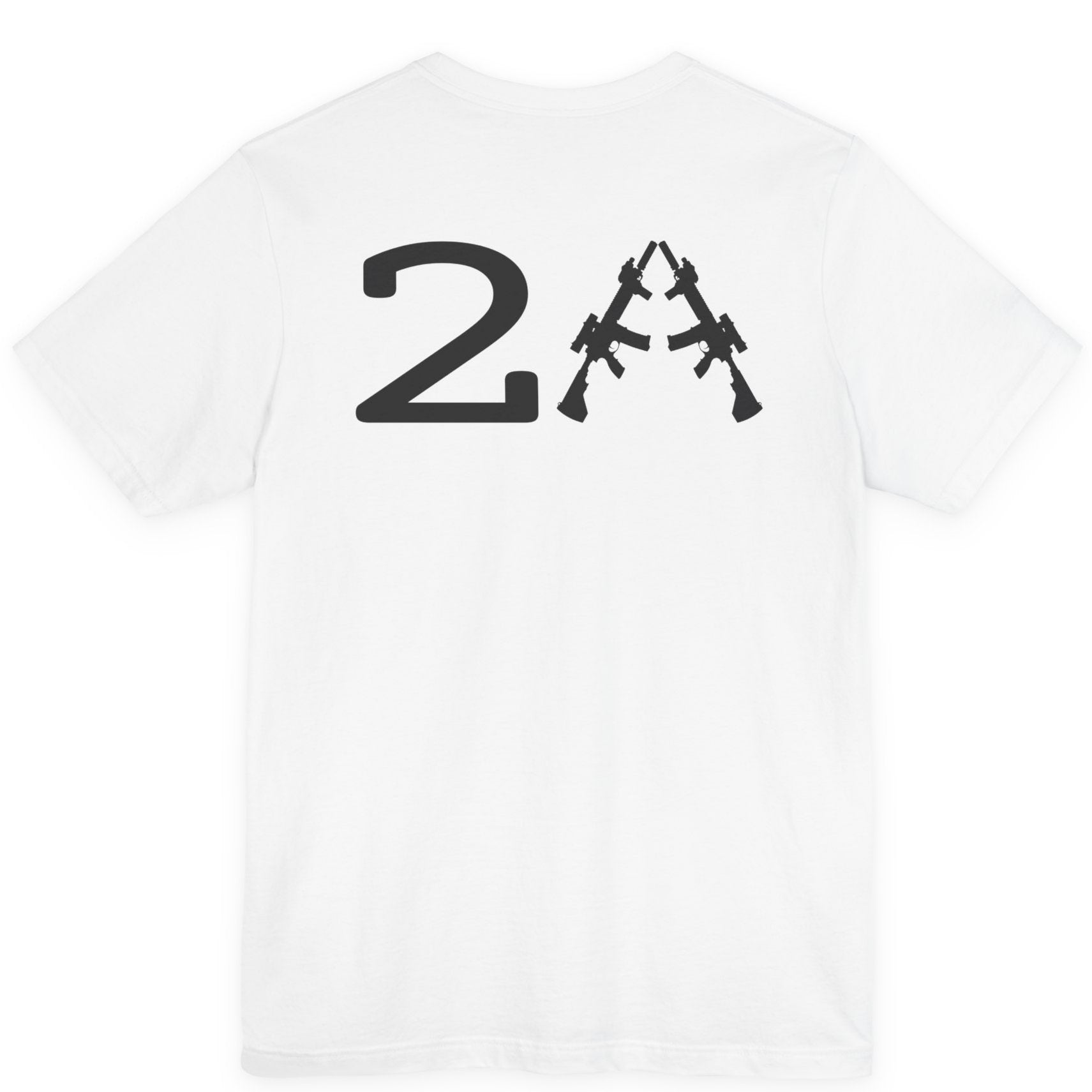 rear view of a patriotic a white  colored fabric shirt with americantees.us logo on front and 2A on the back with stacked rifles forming the A