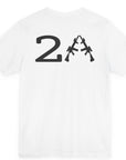 rear view of a patriotic a white colored fabric shirt with americantees.us logo on front and 2A on the back with stacked rifles forming the A
