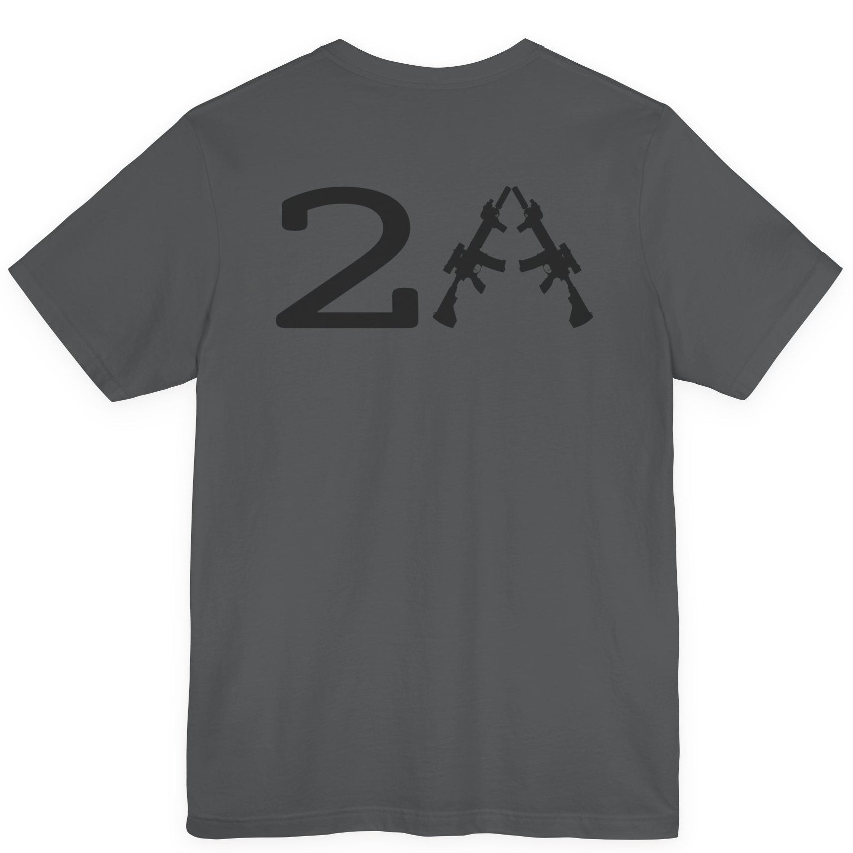 rear view of a patriotic a asphalt colored fabric shirt with americantees.us logo on front and 2A on the back with stacked rifles forming the A