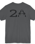 rear view of a patriotic a asphalt colored fabric shirt with americantees.us logo on front and 2A on the back with stacked rifles forming the A