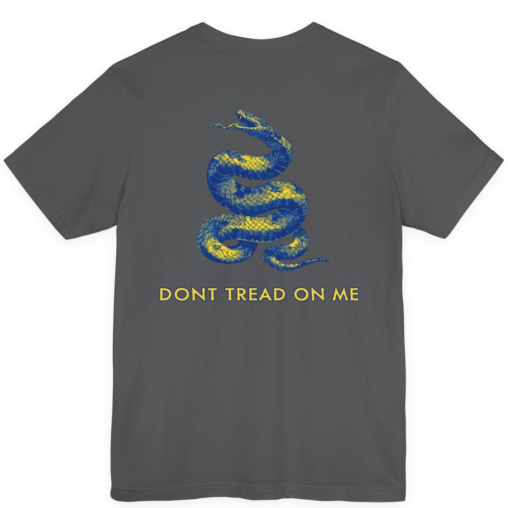 rear view of a asphalt colored fabric shirt with americantees.us logo on front and a Gadsden flag on the back