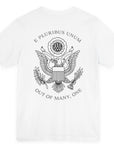 rear view of a white colored fabric patriotic shirt with an americantees.us logo on front and the great seal of the united states on the back