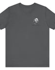 front view of asphalt colored fabric patriotic shirt with American flag background and the preamble of the united states constitution on the back pf shirt, front of shirt has americantees.us logo