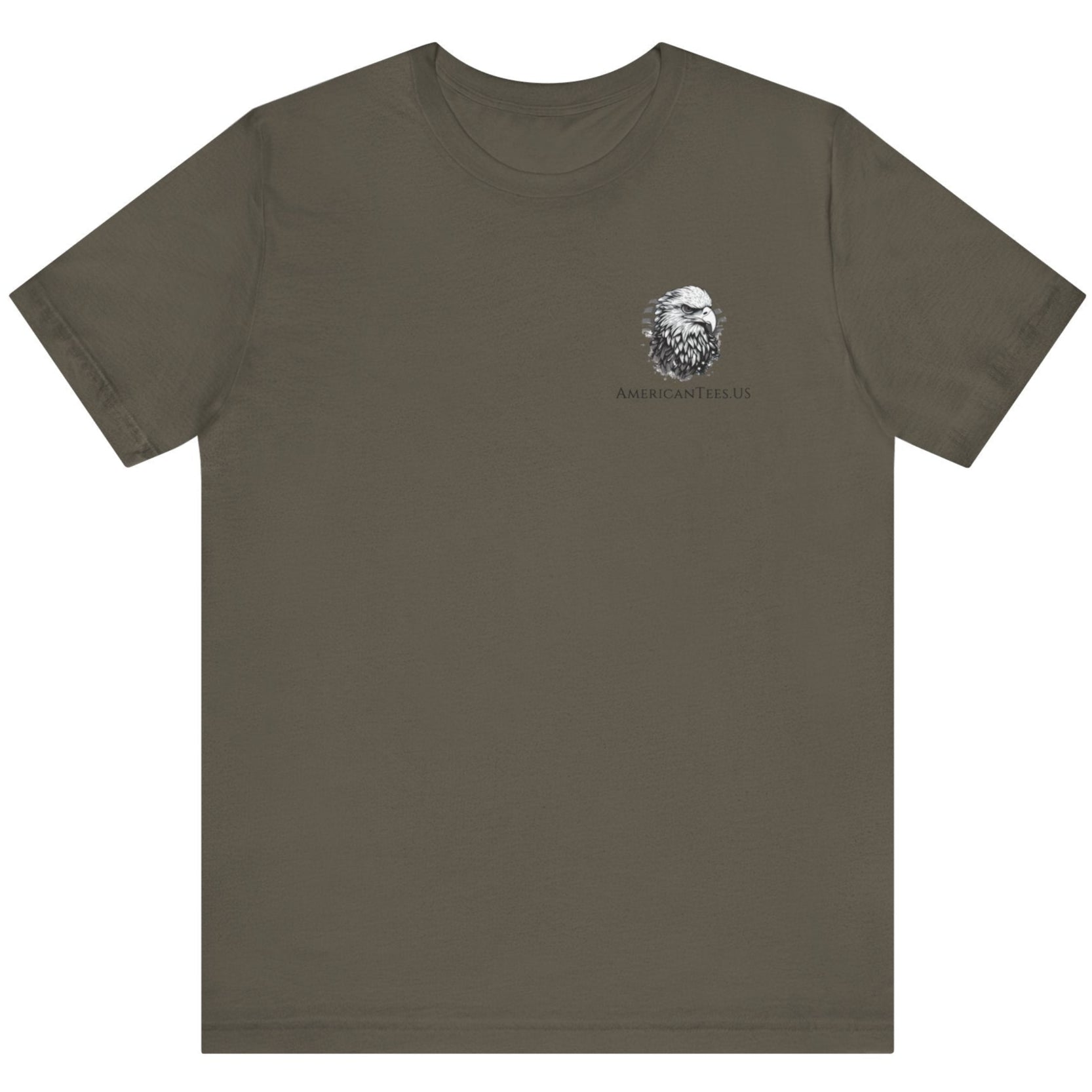 Army green color fabric patriotic shirt front view has an americantees.us logo with eagle head , rear view has distressed American flag with modern sporting rifle with the log Pro Armis Libertas meaning For Arms, Freedom
