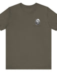 Army green color fabric patriotic shirt front view has an americantees.us logo with eagle head , rear view has distressed American flag with modern sporting rifle with the log Pro Armis Libertas meaning For Arms, Freedom