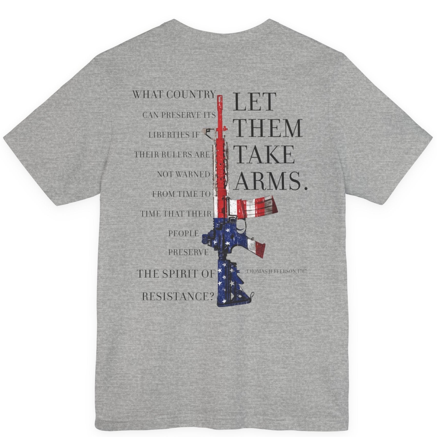 rear view of athletic heather color fabric patriotic shirt with americantees.us logo on front and Thomas Jefferson quote on back.