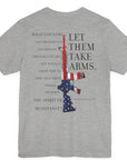 rear view of athletic heather color fabric patriotic shirt with americantees.us logo on front and Thomas Jefferson quote on back.