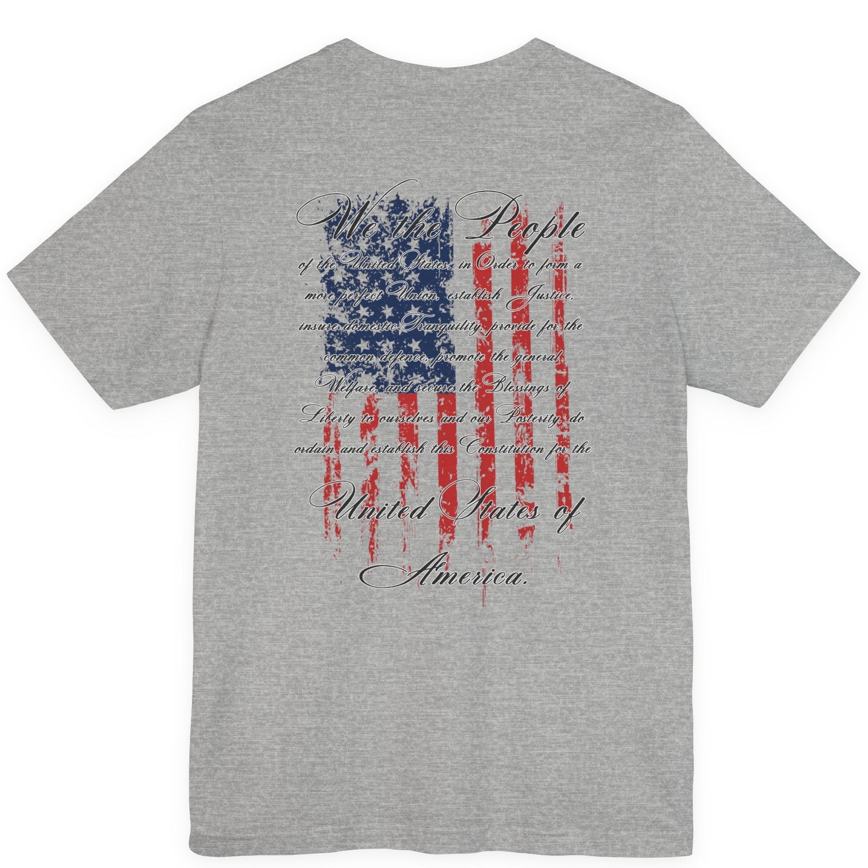 rear view of athletic heather colored fabric patriotic shirt with American flag background and the preamble of the united states constitution on the back pf shirt, front of shirt has americantees.us logo