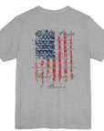 rear view of athletic heather colored fabric patriotic shirt with American flag background and the preamble of the united states constitution on the back pf shirt, front of shirt has americantees.us logo