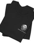 front view of a folded black colored fabric patriotic shirt with americantees.us logo on front and American flag in shape of a Christian cross with pledge of allegiance surrounding image on back