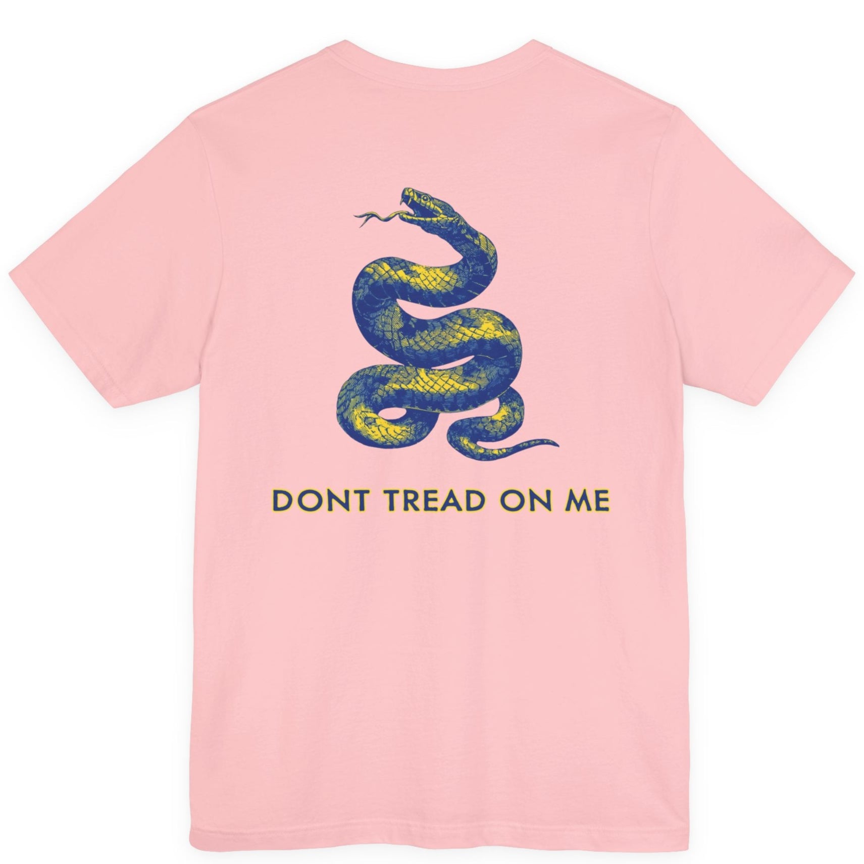 rear view of a pink colored fabric shirt with americantees.us logo on front and a Gadsden flag on the back