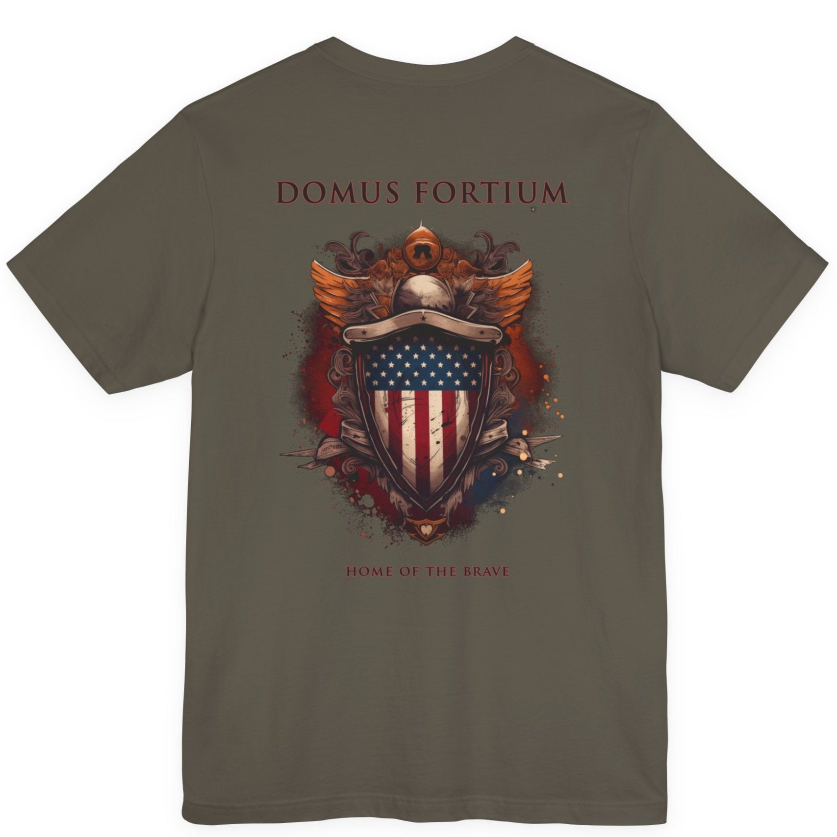 patriotic shirt back view army green color fabric tee logo with eagle on front, american flag on shield with scrollwork, Domus Fortium, home of the brave motto