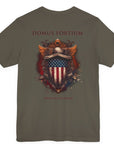 patriotic shirt back view army green color fabric tee logo with eagle on front, american flag on shield with scrollwork, Domus Fortium, home of the brave motto
