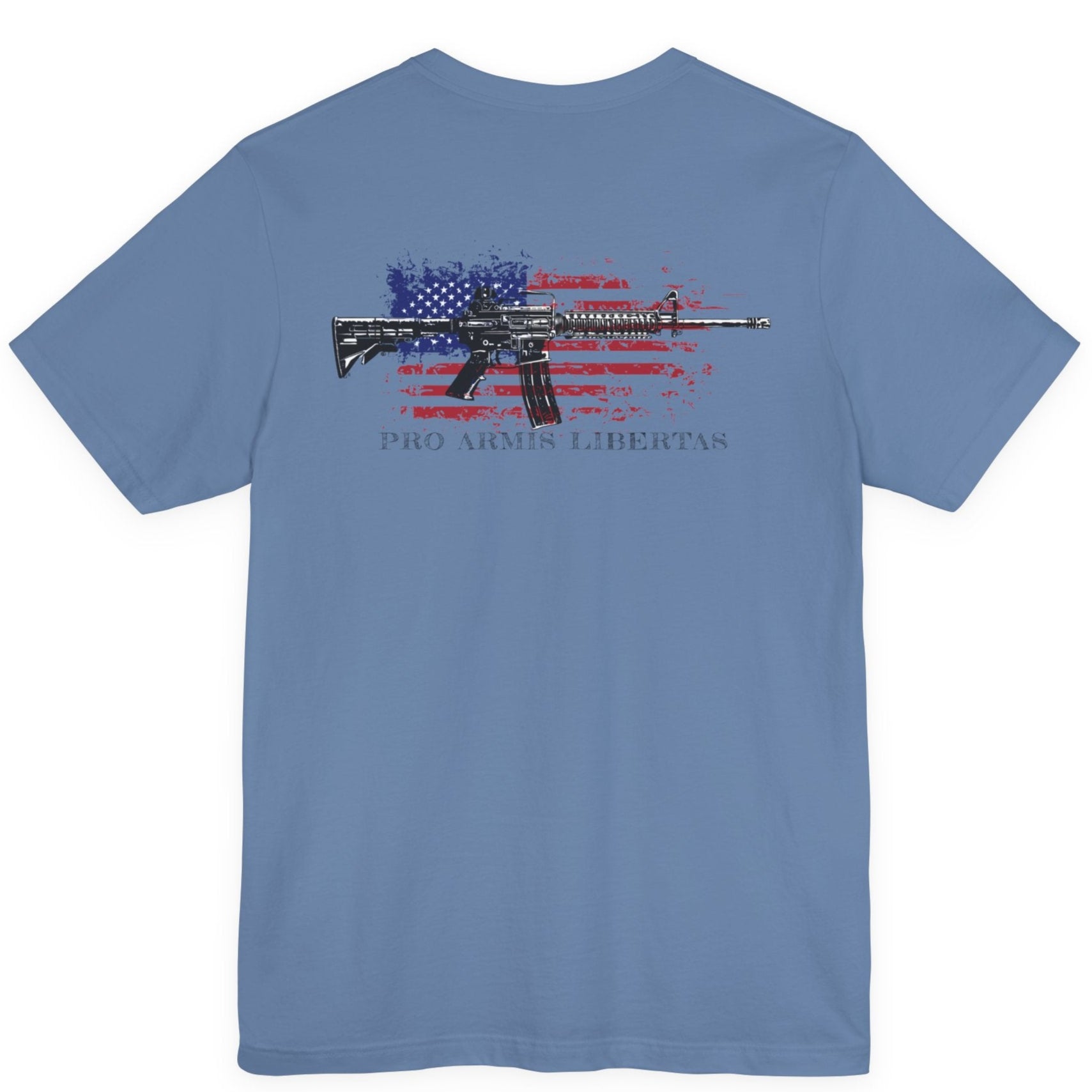 Lavender blue color fabric patriotic shirt rear view has an americantees.us logo with eagle head on front , rear view has distressed American flag with modern sporting rifle with the log Pro Armis Libertas meaning For Arms, Freedom