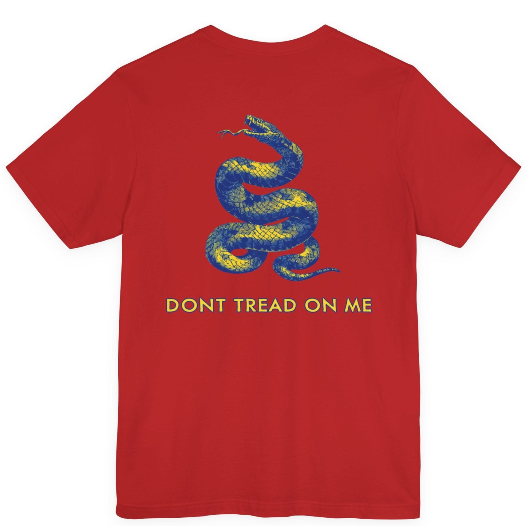 rear view of a red colored fabric shirt with americantees.us logo on front and a Gadsden flag on the back