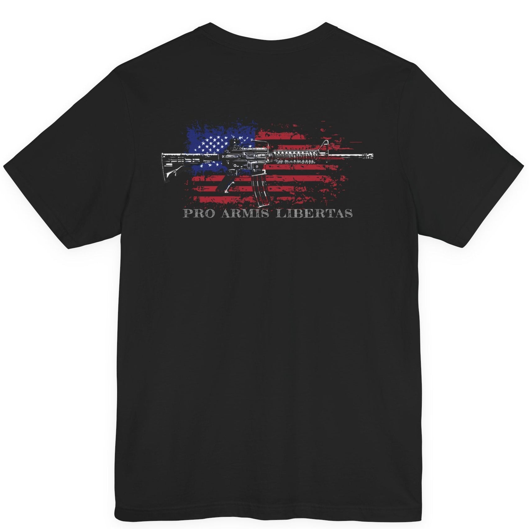 Black color fabric patriotic shirt rear view has an americantees.us logo with eagle head on front , rear view has distressed American flag with modern sporting rifle with the log Pro Armis Libertas meaning For Arms, Freedom