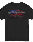 Black color fabric patriotic shirt rear view has an americantees.us logo with eagle head on front , rear view has distressed American flag with modern sporting rifle with the log Pro Armis Libertas meaning For Arms, Freedom