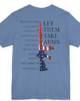 rear view of lavender blue color fabric patriotic shirt with americantees.us logo on front and Thomas Jefferson quote on back.