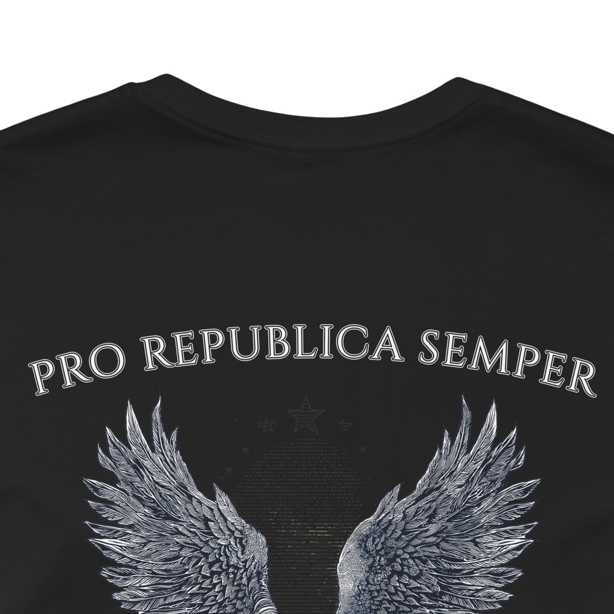 Patriotic Shirts Pro Libertas Semper Flag Eagle Tee, black, back side close up, featuring a bold eagle clutching an American flag with scrollwork on a unisex 100% cotton shirt, ideal for American pride