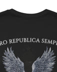 Patriotic Shirts Pro Libertas Semper Flag Eagle Tee, black, back side close up, featuring a bold eagle clutching an American flag with scrollwork on a unisex 100% cotton shirt, ideal for American pride