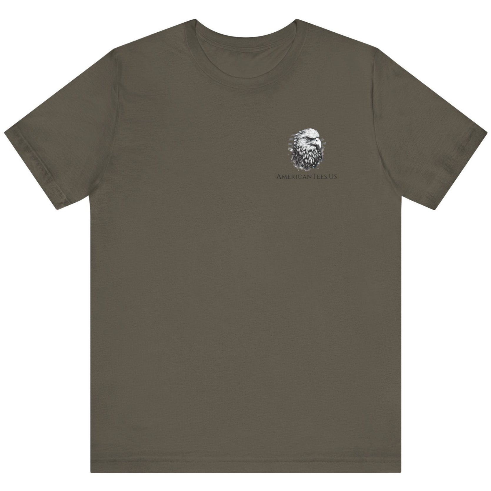 front view of army green color fabric patriotic shirt with americantees.us logo on front and Thomas Jefferson quote on back.
