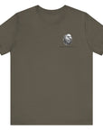 front view of army green color fabric patriotic shirt with americantees.us logo on front and Thomas Jefferson quote on back.