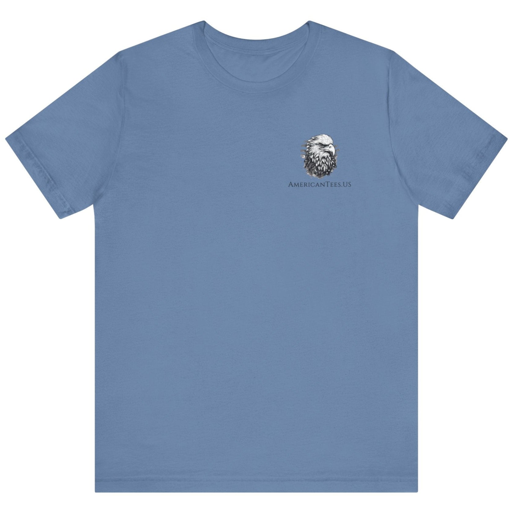 lavender blue colored t-shirt featuring two crossed swords in front of a full-color American flag graphic, with the text "Ius Populi ad Arma" in bold black font above. front view