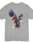 Bald eagle with American flag feathers on "Eagle of Valor" Patriotic Shirts, athletic heather color fabric, American Shirts design. rear view