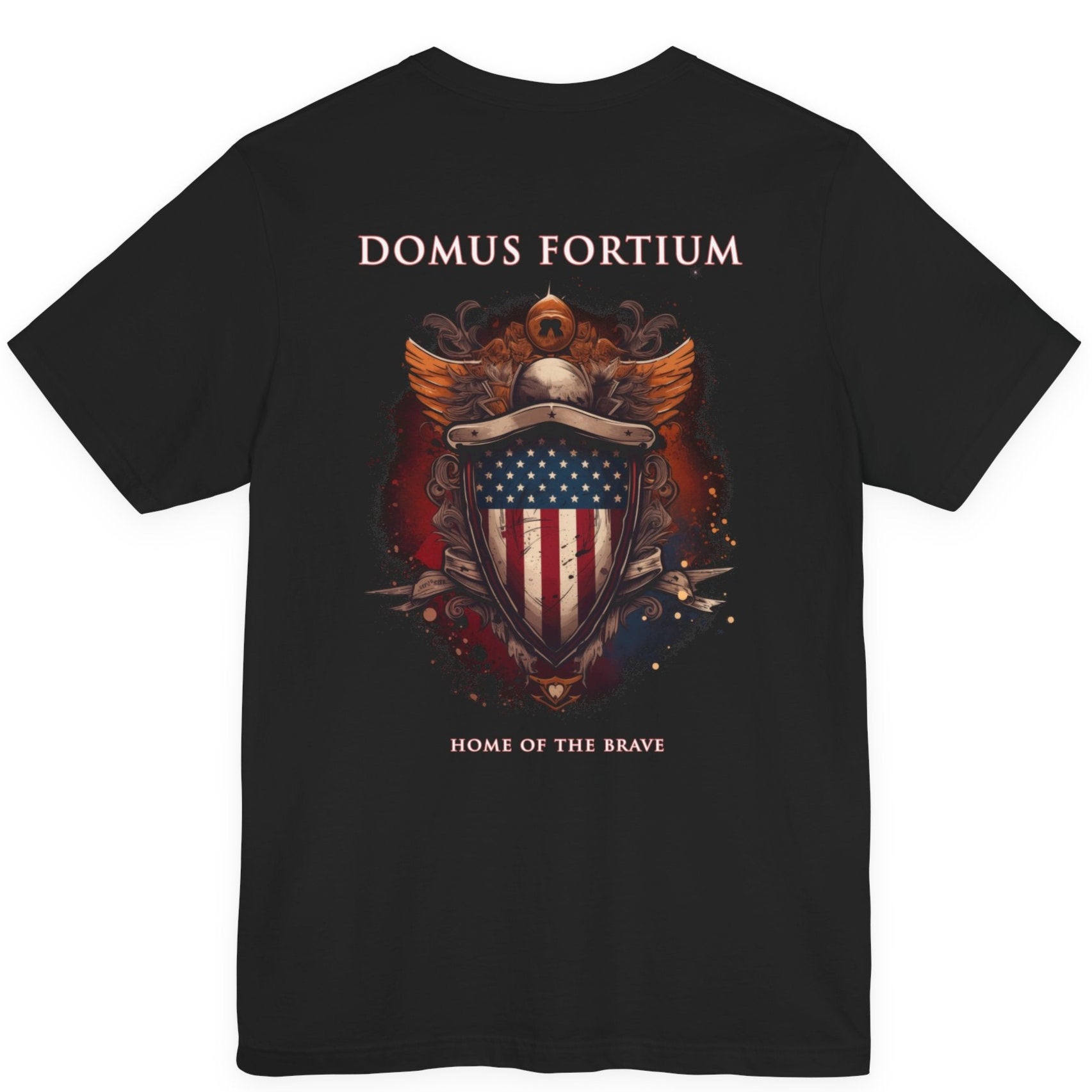 patriotic shirt back view black  color fabric tee logo with eagle on front, american flag on shield with scrollwork, Domus Fortium, home of the brave motto