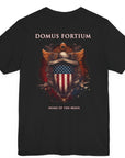 patriotic shirt back view black color fabric tee logo with eagle on front, american flag on shield with scrollwork, Domus Fortium, home of the brave motto