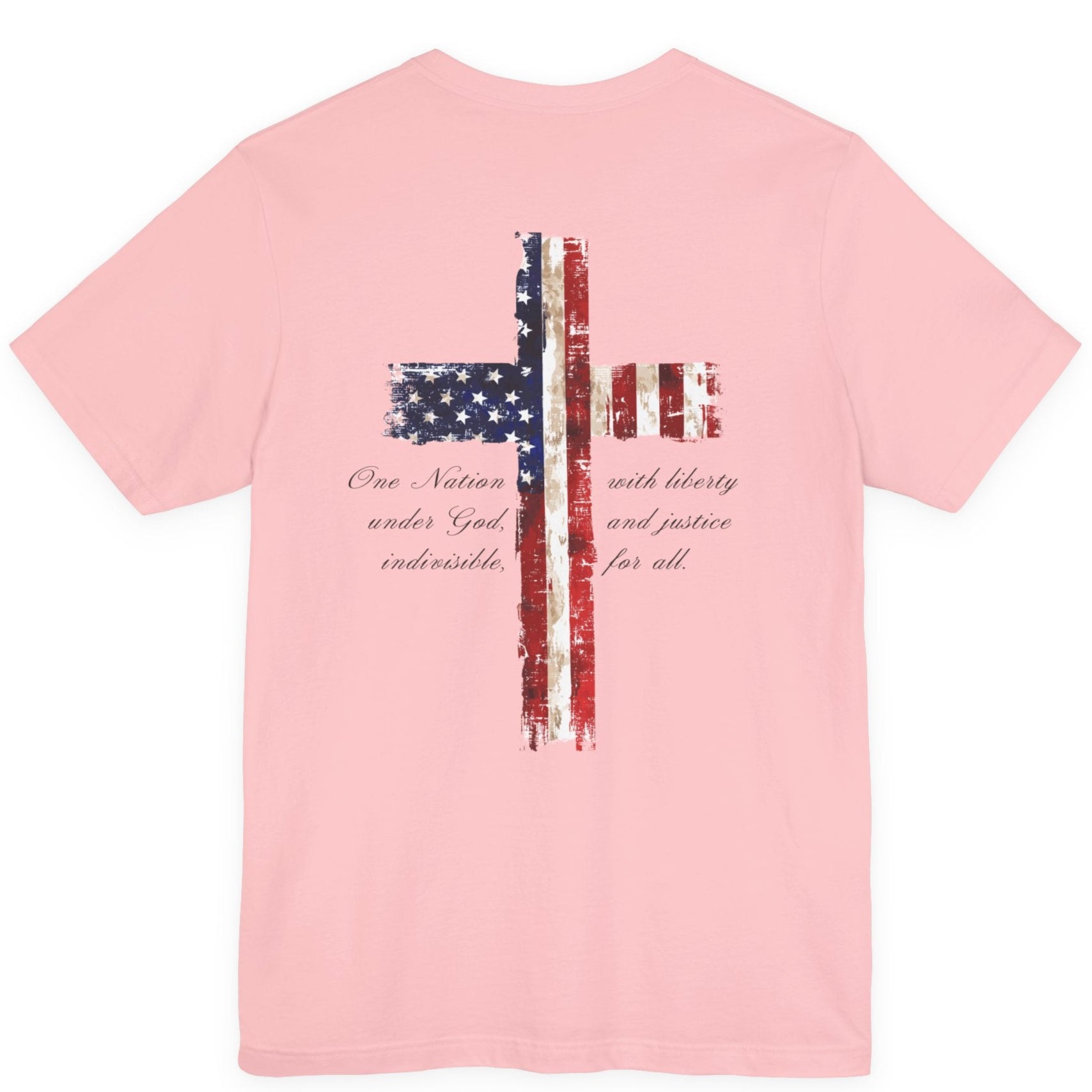 rear view of a pink colored fabric patriotic shirt with americantees.us logo on front and American flag in shape of a Christian cross with pledge of allegiance surrounding image on back