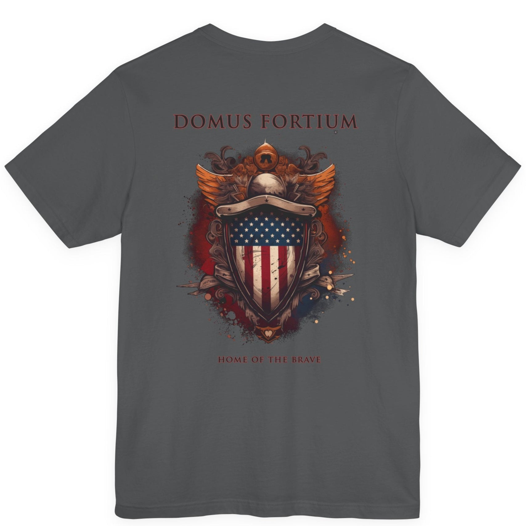 patriotic shirt back view asphalt color fabric tee logo with eagle on front, american flag on shield with scrollwork, Domus Fortium, home of the brave motto