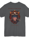 patriotic shirt back view asphalt color fabric tee logo with eagle on front, american flag on shield with scrollwork, Domus Fortium, home of the brave motto