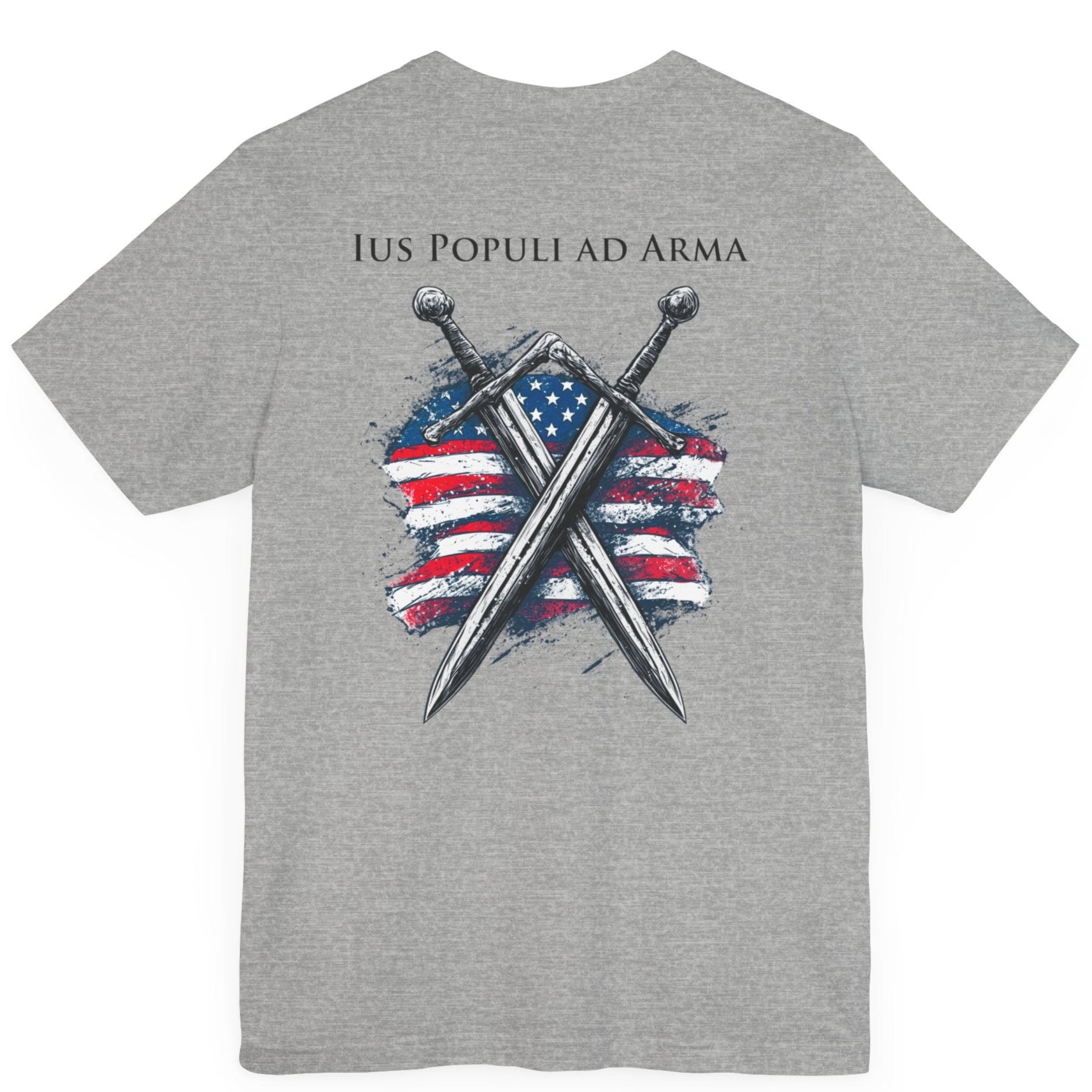 athletic heather colored t-shirt featuring two crossed swords in front of a full-color American flag graphic, with the text "Ius Populi ad Arma" in bold black font above. back view