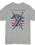 athletic heather colored t-shirt featuring two crossed swords in front of a full-color American flag graphic, with the text "Ius Populi ad Arma" in bold black font above. back view