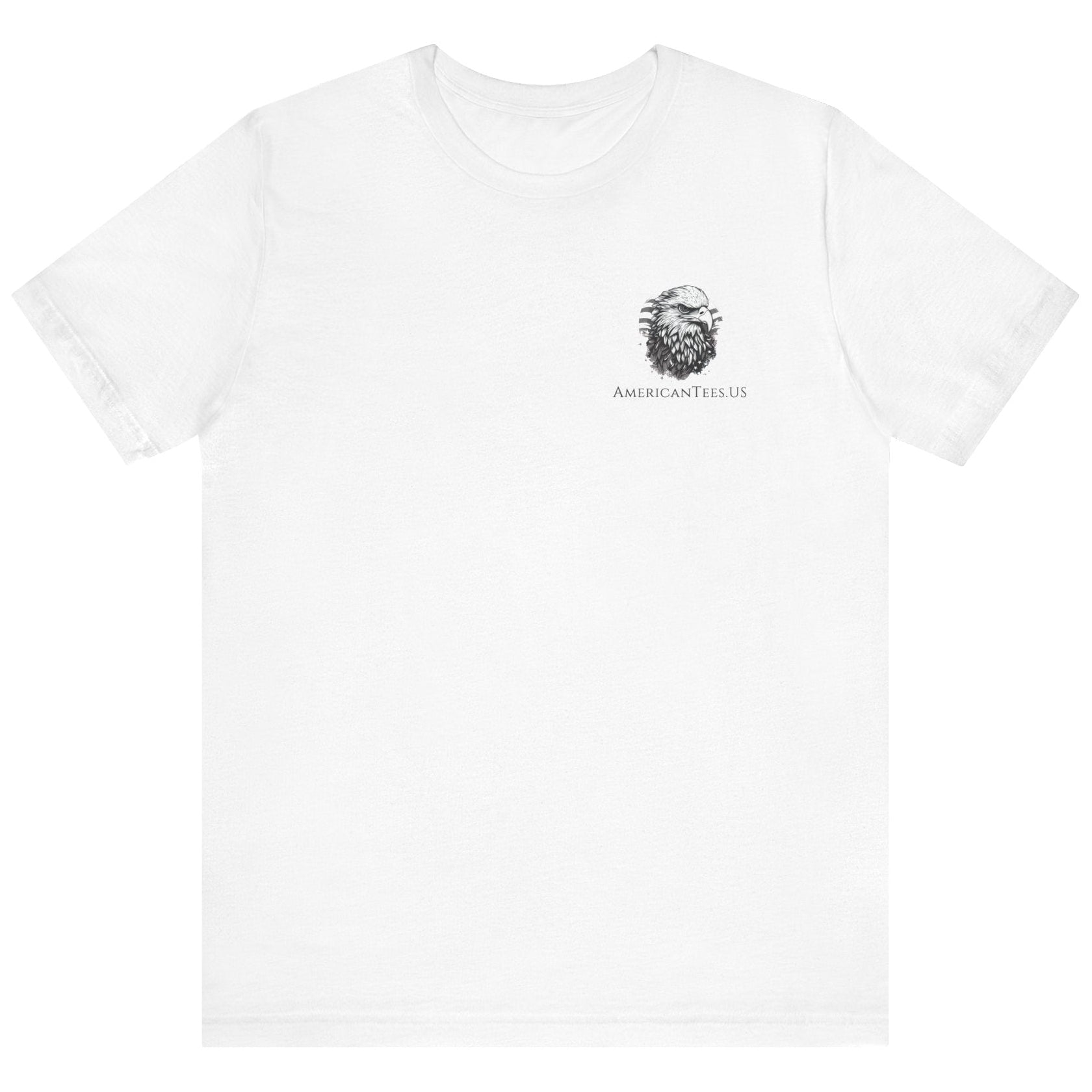 patriotic shirt front view white color fabric logo on front graphic on back with minuteman soldier and phrase rebellion is our heritage, American t-shirt