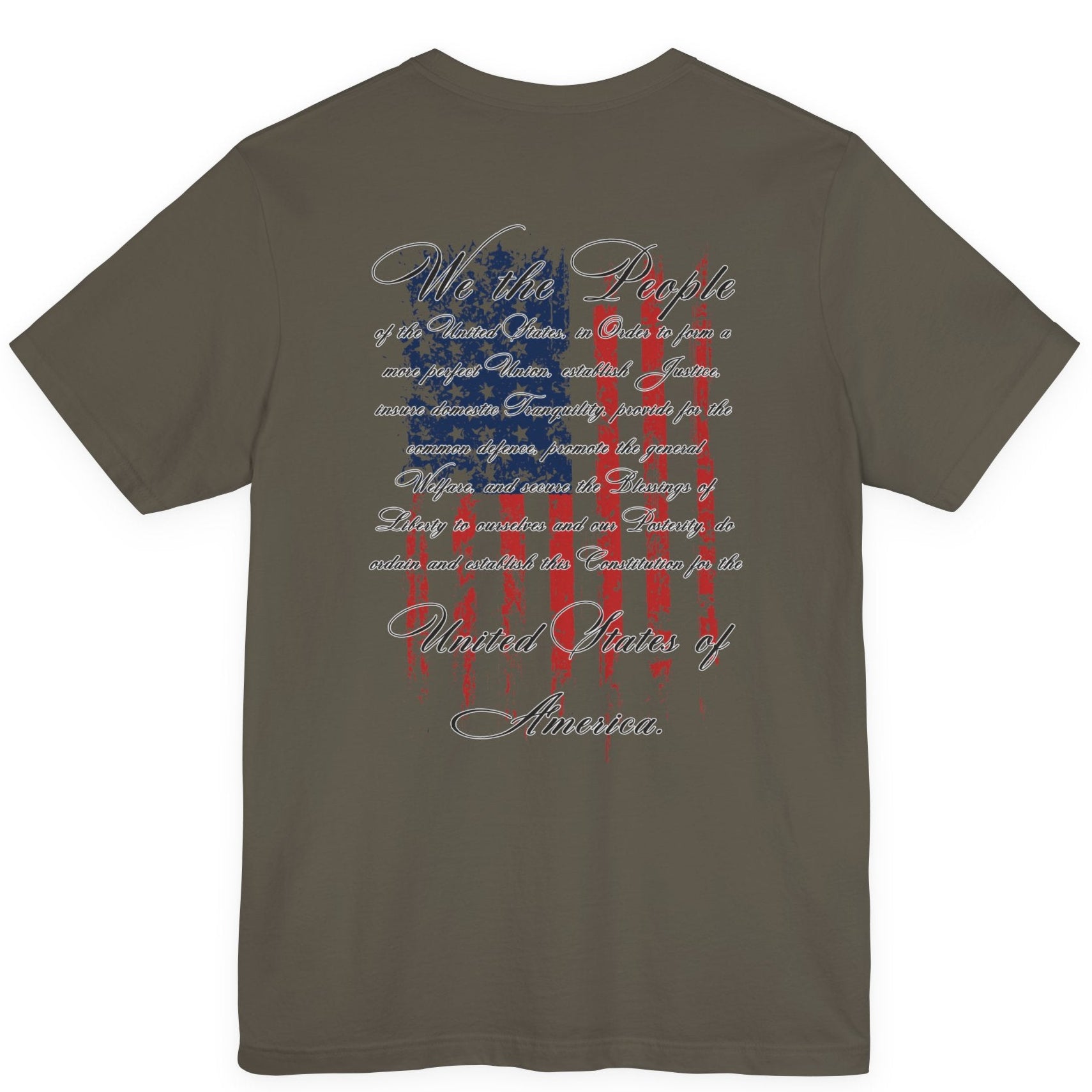 rear view of army green colored fabric patriotic shirt with American flag background and the preamble of the united states constitution on the back pf shirt, front of shirt has americantees.us logo