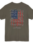 rear view of army green colored fabric patriotic shirt with American flag background and the preamble of the united states constitution on the back pf shirt, front of shirt has americantees.us logo
