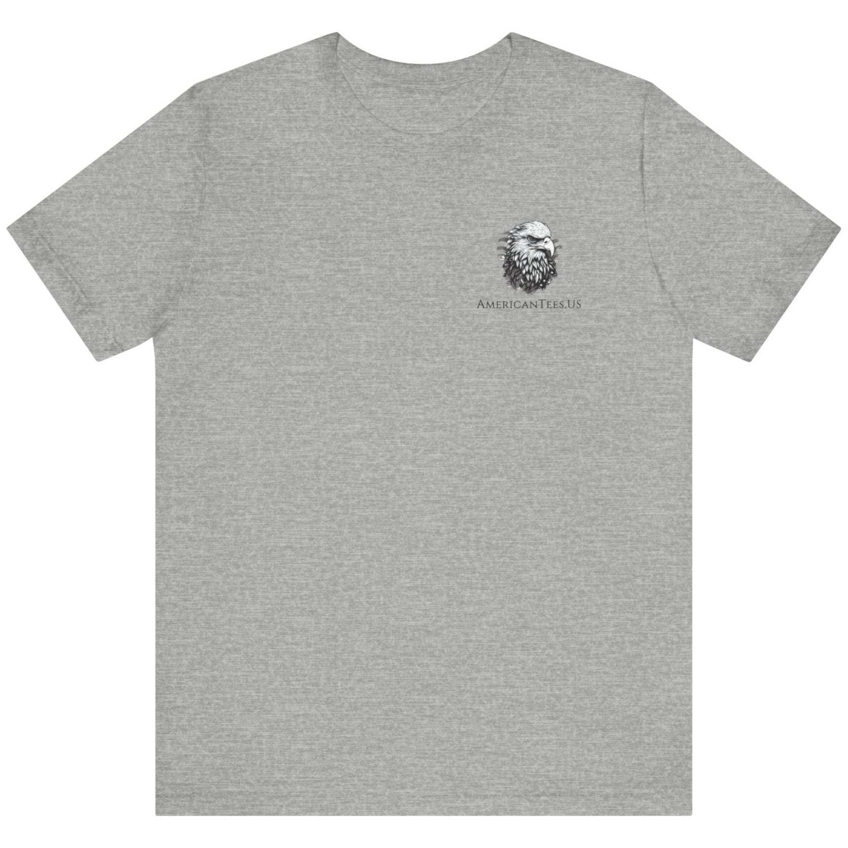 front view of patriotic shirt athletic heather color fabric tee with logo on front and american flag with liberty  bell and crossed rifles on back, motto that states Come and Take Them  and molon labe on scroll