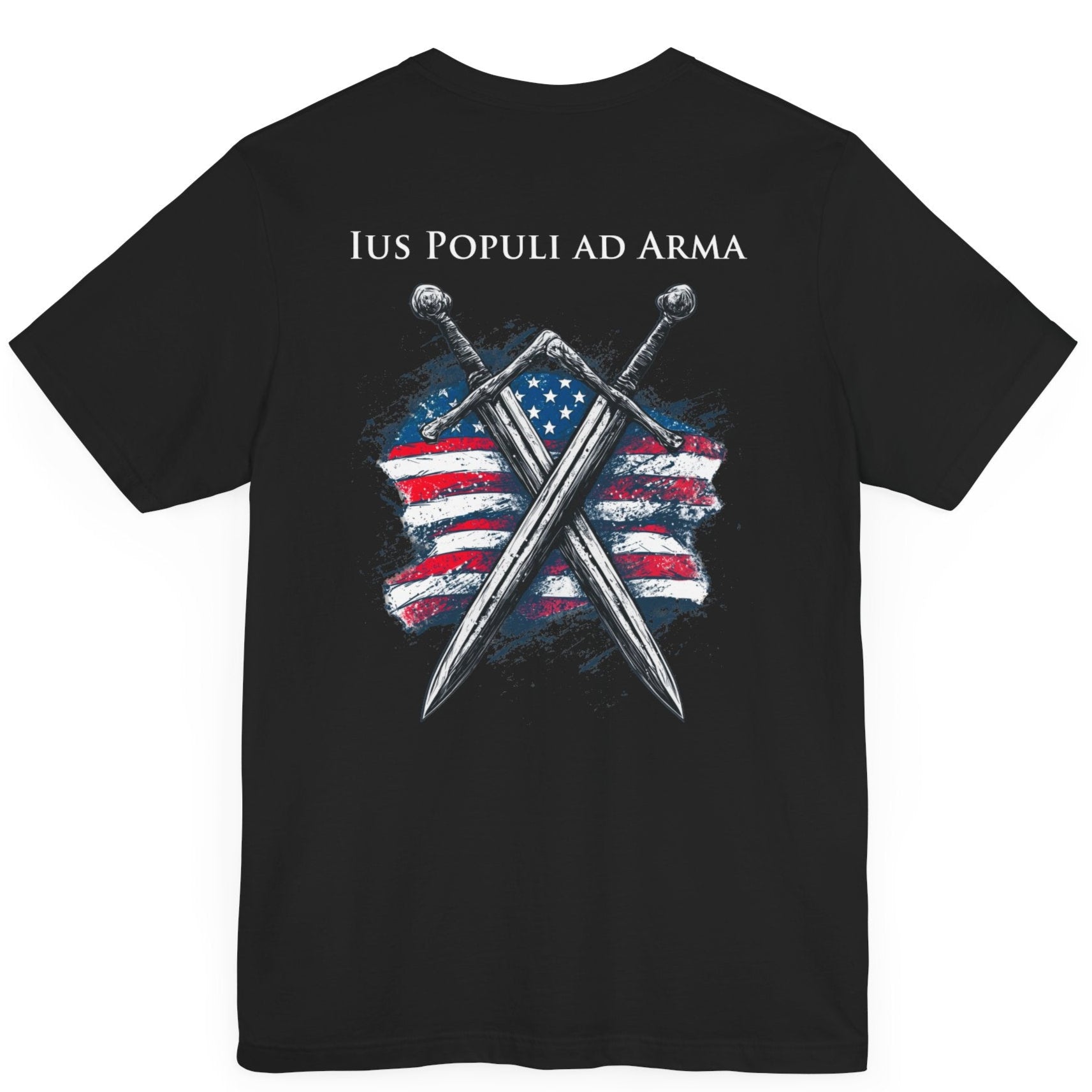 black colored t-shirt featuring two crossed swords in front of a full-color American flag graphic, with the text "Ius Populi ad Arma" in bold black font above. back view
