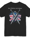 black colored t-shirt featuring two crossed swords in front of a full-color American flag graphic, with the text "Ius Populi ad Arma" in bold black font above. back view