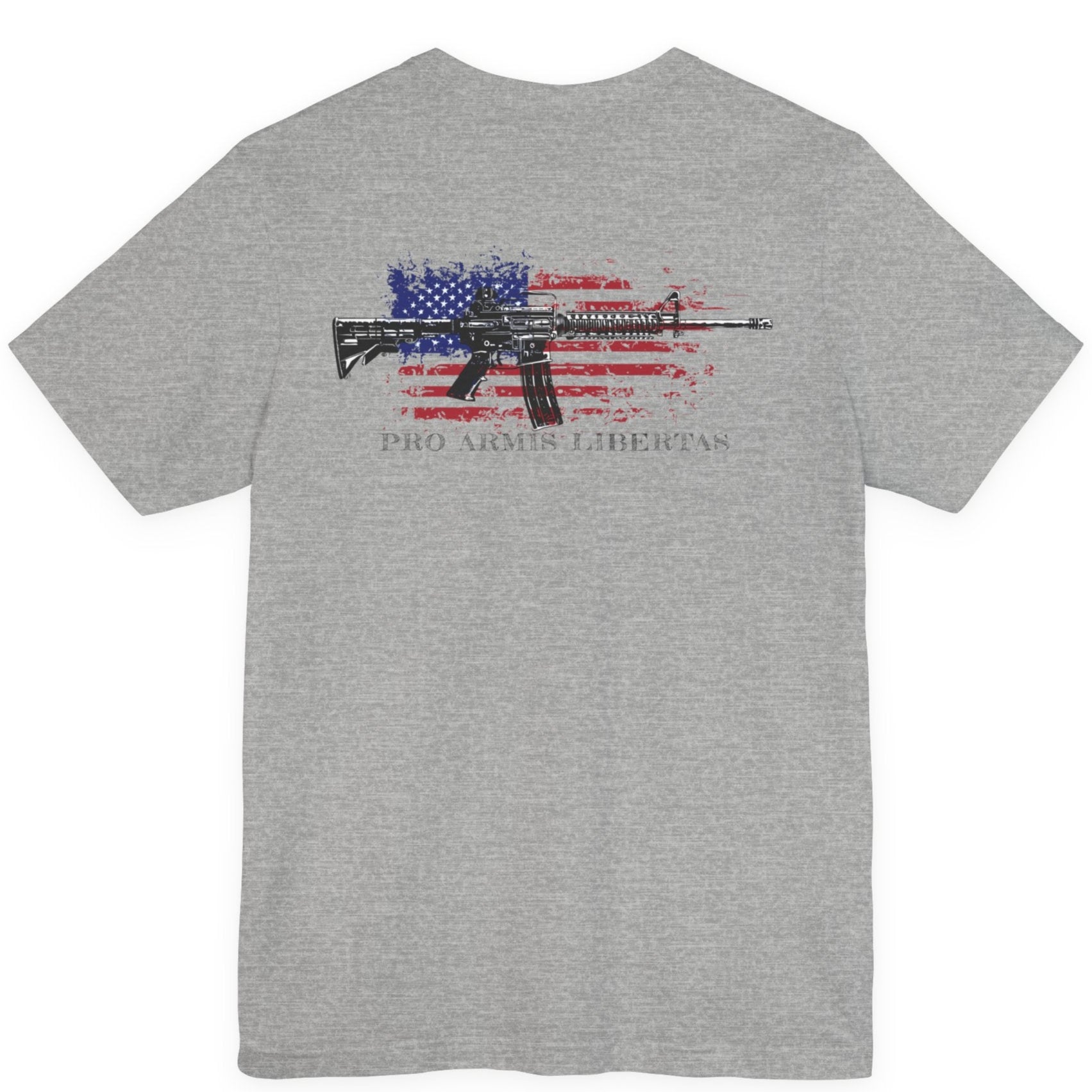 Athletic heather color fabric patriotic shirt rear view has an americantees.us logo with eagle head on front , rear view has distressed American flag with modern sporting rifle with the log Pro Armis Libertas meaning For Arms, Freedom